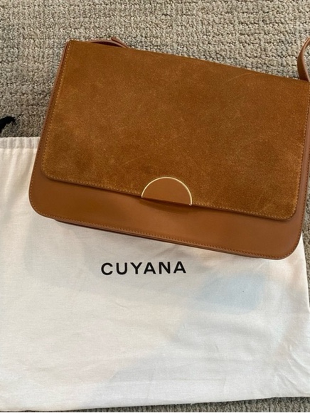 Cuyana Tan Suede and Leather Crossbody Bag with Gold Accent